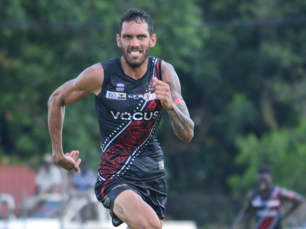 Harley Bennell playing for Tiwi Bombers in Round 5. Picture: Alison McGowan / AFLNT Media