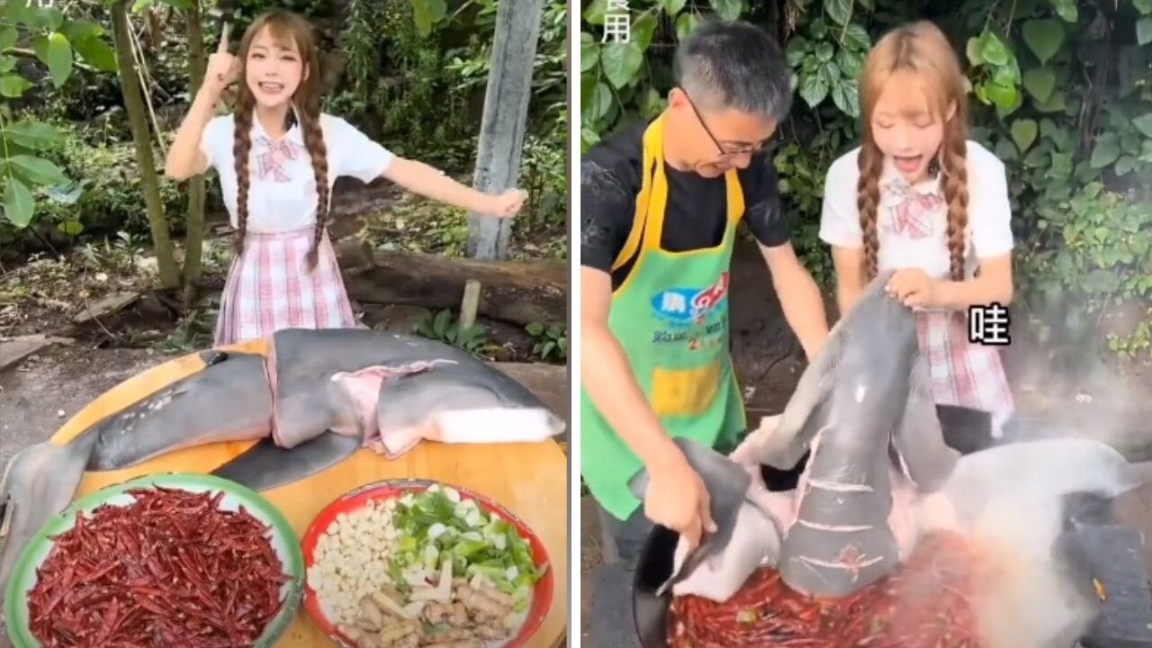 Jin boiled one half of the shark with a variety of vegetables and spices. Picture: Weibo