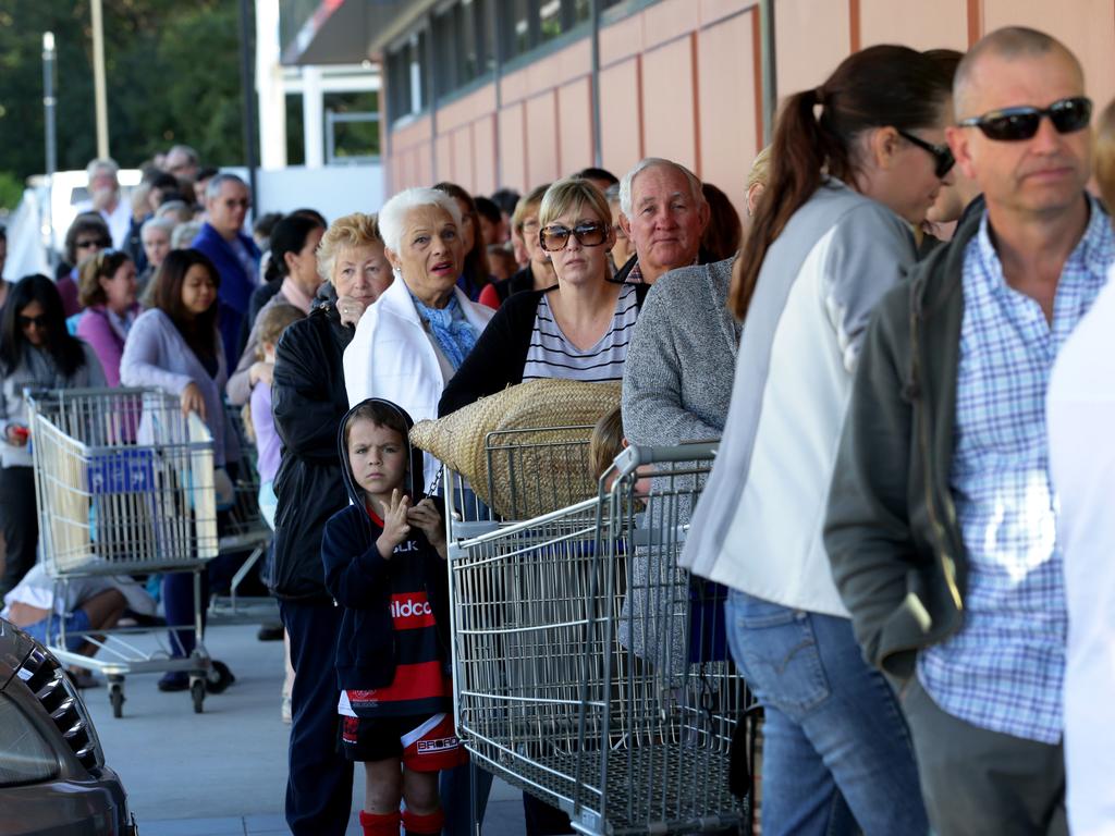 People queue up for Aldi's annual snow gear sale. Picture: Darren England.