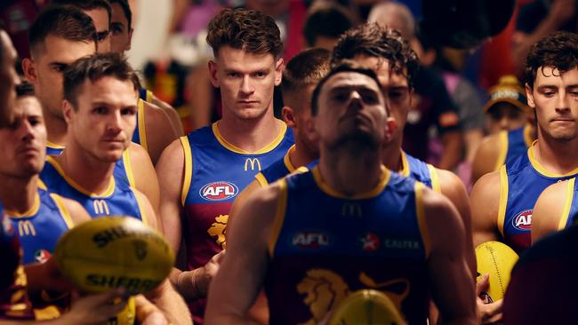 Lions players run out for the round two match against Melbourne. Picture: Chris Hyde