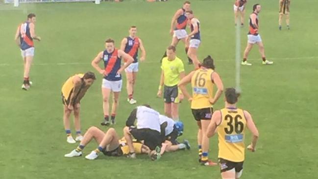 Paddy McCartin being assessed for concussion in the VFL. Picture: @ozrobbo