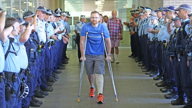 Officers gathered to form a guard of honour for Luke Warburton when he was released from hospital. Picture: NSW Police Media