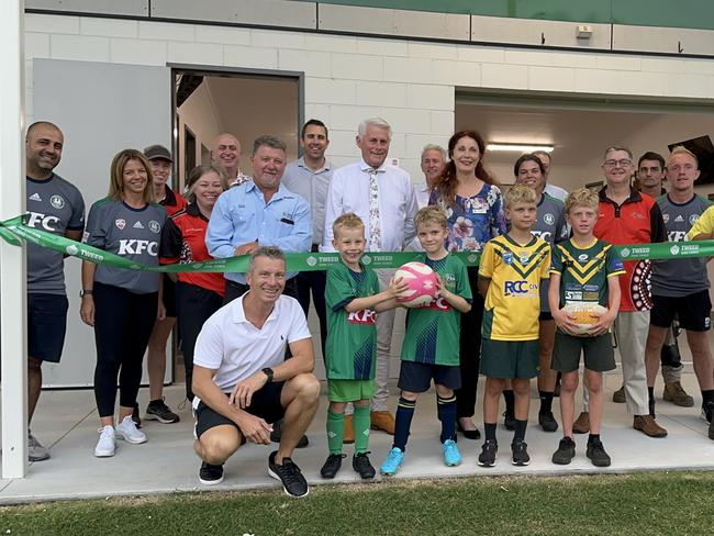 Mayor Chris Cherry,  Tweed MP Geoff Provest and Councillor James  Owen cut the ribbon at the opening of the revamped Kingscliff Sports Complex. Photo: Supplied