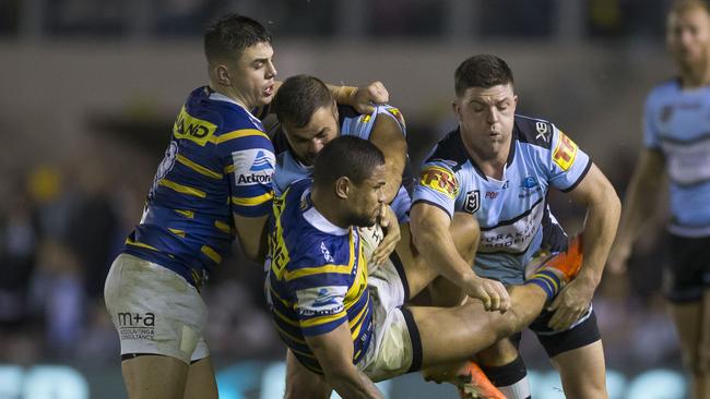 It was a tough night for the visiting Eels. Picture: Craig Golding