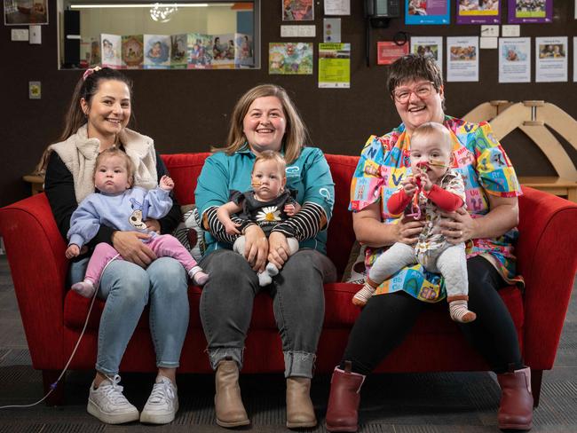 15-05-2024 Danni Menzies with daughter Evelyn has organised a premature baby play group for other mums Emily Burke and daughter Phoebe and Simantha Nation with son Atticus. Picture: Brad Fleet