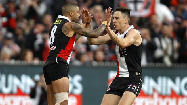 Brad Hill (left) was key to St Kilda’s late rally in the third quarter. (Photo by Darrian Traynor/AFL Photos/via Getty Images)