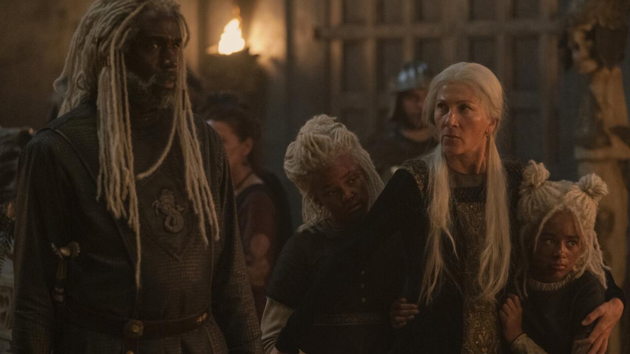 Corlys, Rhaenys, Baela and Raela in the scene that follows. Picture: Foxtel/Binge/HBO