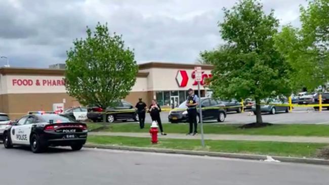 At least 10 people were killed in a mass shooting by a gunman wearing military-style gear inside a Buffalo supermarket. Picture: 7 News WKBW/Facebook
