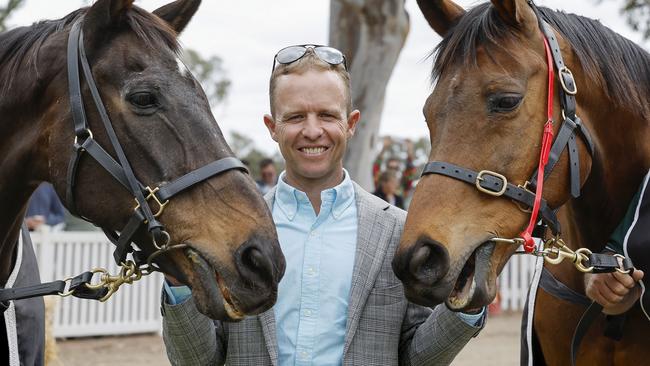 Kerrin McEvoy with two of this three Melbourne Cup winners, Brew (left) and Almandin at Living Legends on Sunday. Picture: Michael Klein