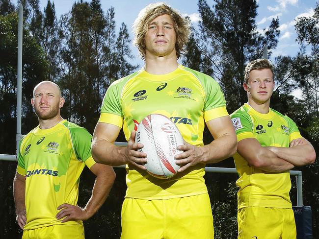 Locals James Stannard, Jesse Parahi, and Cameron Clark are in the The Australian Mens Sevens Rugby team heading to the Rio Olympics. Picture: Braden Fastier