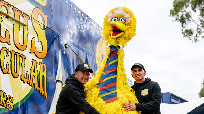 Show Directors Keith Brown and Dominik Gasser reunited with Big Bird. Picture: Morgan Sette