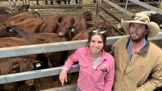 Chloe and Matthew Way from Deniliquin, NSW, sold many pens of cattle at the Wodonga store cattle sale including a pen of Santa Gertrudis steers, 349kg, 12 months, for $1160 or 332c/kg, going to Westside Meats.