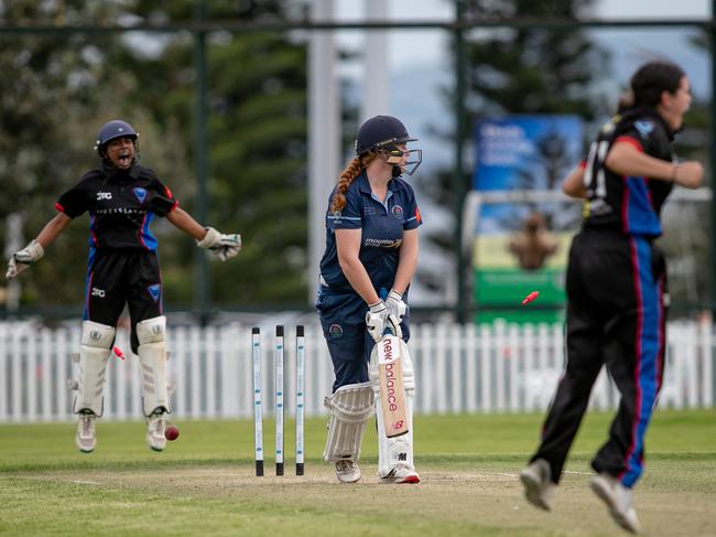 Charlotte Allen is bowled by Natalia Egan. Picture: Julian Andrews