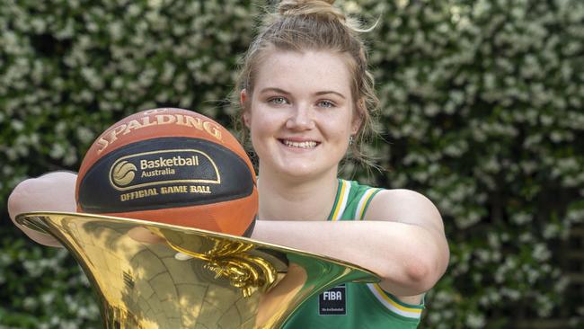 Alana Goodchild is a talented teenage basketballer who plays the Tuba and is also the mascot for the Sydney Flames. Pic: AAP/Matthew Vasilescu