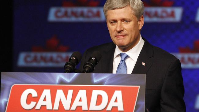 Former Canadian Prime Minister Stephen Harper speaks to supporters after conceding defeat to the Liberals on election night in Calgary. Picture: AFP / David Buston