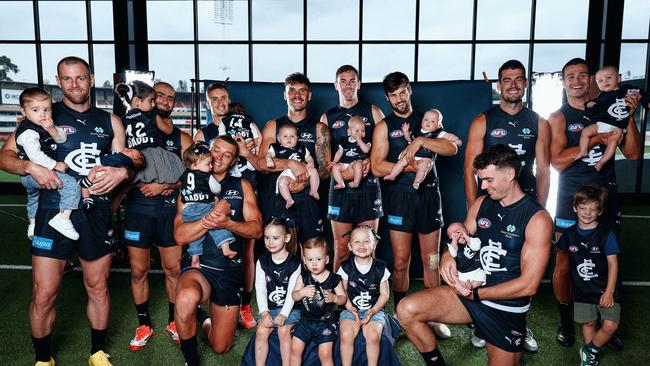 Mitch McGovern with kids Margot ( 3 years and 9 months), Hamish (1 year  11 months) and Addison (4 and a half months) Jack Silvagni Charlie (4 and a half months, Sam Docherty, Ruby (2 years old) and Myles (two weeks), Adam Saad and Nejmah (4 years old) Nyah (4 months old) **wasn’t in the photo but was there on the day, George Hewett with Henry (4 years old), Zac Williams with kids  Ayla (3 years old) and Beckham (3 months), Nic Newman with Audrey (3 and a half months, Patrick Cripps and Koda (10 months), Black Acres and Hugo (3 weeks and 3 days) and Orazio Fantasia with Sofia (3 weeks). Picture credit: Carlton Football Club