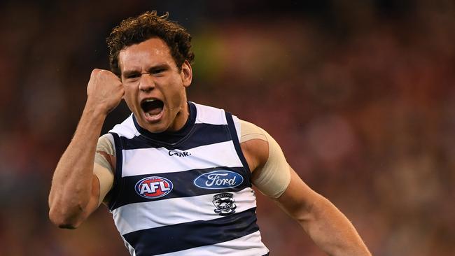 Steven Motlop pumps his fist after kicking a goal. Picture: AAP