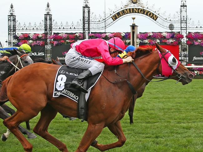 MELBOURNE, AUSTRALIA - MARCH 12: Craig Newitt riding The Quarterback wins race 6 the Lexus Newmarket Handicap during Super Saturday Racing at Flemington Racecourse on March 12, 2016 in Melbourne, Australia. (Photo by Scott Barbour/Getty Images for VRC)