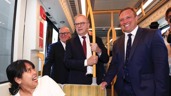 Light rail passengers were surprised to see the duo riding the tram on Monday afternoon. Pic: Adam Head