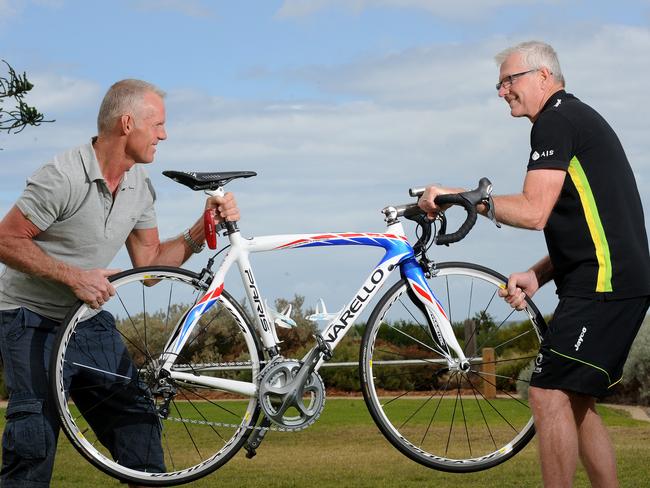 Brothers Shane Sutton (technical director of British Cycling) and Gary Sutton (national women's track endurance coach) renew their sibling rivalry in Adelaide last month. Picture: Keryn Stevens