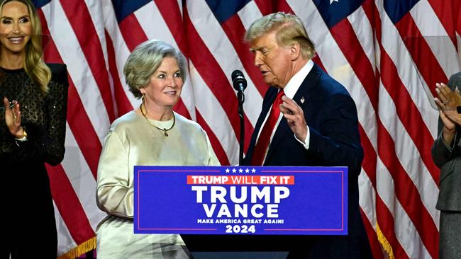 Donald Trump greets Susie Wiles during the election night event at the West Palm Beach Convention Centre in West Palm Beach, Florida, on Wednesday. Picture: AFP