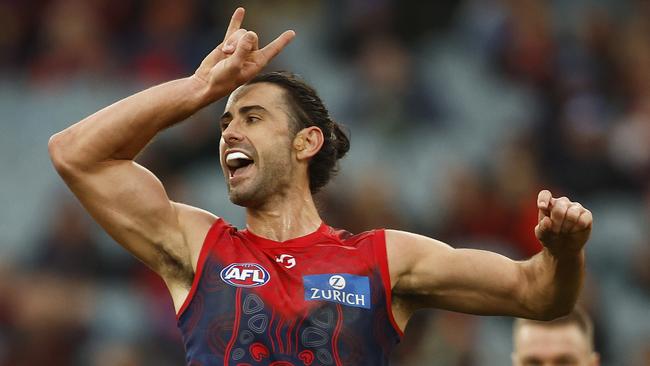 MELBOURNE, AUSTRALIA - MAY 27: Brodie Grundy of the Demons celebrates kicking a goal during the round 11 AFL match between Narrm Football Club / Melbourne Demons and Walyalup / Fremantle Dockers at Melbourne Cricket Ground, on May 27, 2023, in Melbourne, Australia. (Photo by Daniel Pockett/AFL Photos/via Getty Images )