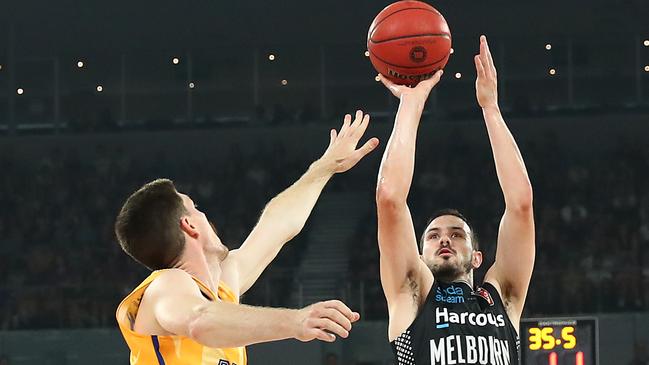 Chris Goulding shoots during the round 13 NBL match between Melbourne United and the Brisbane Bullets at Melbourne Arena. Picture: Getty Images