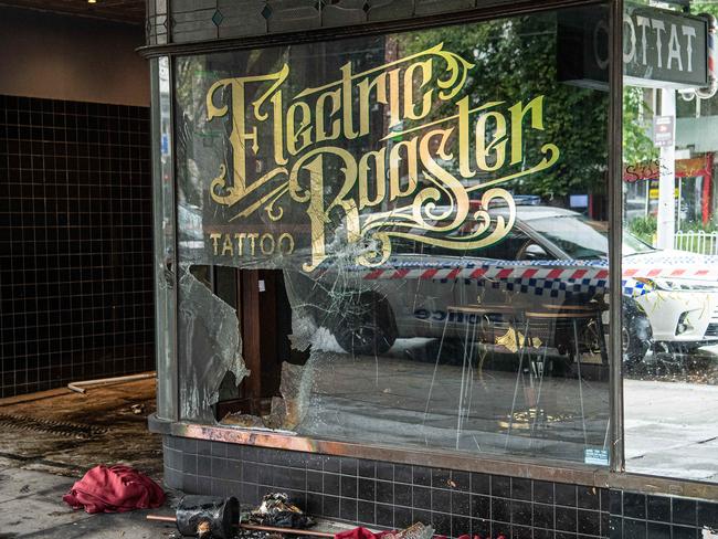 Electric Rooster Tattoo parlour with a suspicious fire, fifteen people have been evacuated after a St Kilda shop caught fire this morning. Picture: Jason Edwards