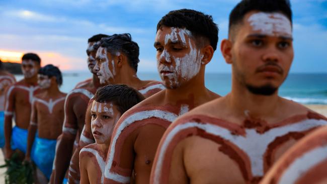 La Perouse Gamay dancers look on ahead of a performance at Bondi Beach. Picture: Jenny Evans/Getty Images