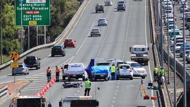 The scene of the tragic fatal crash on the M1 at Nerang on Monday. Picture: Scott Powick