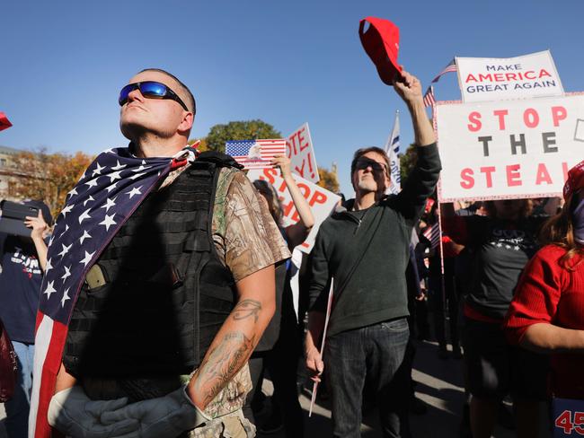 HARRISBURG, PENNSYLVANIA - NOVEMBER 07: Hundreds of Donald Trump supporters gather in the state capital of Pennsylvania to display their anger at the outcome of the election hours after the state was called for Joe Biden on November 07, 2020 in Harrisburg, Pennsylvania. Supporters of President Donald Trump claim that there was extensive fraud in the vote count despite being unable to come up with any strong evidence. Joe Biden will be sworn in on January 20 as the nationâs 46th president.   Spencer Platt/Getty Images/AFP == FOR NEWSPAPERS, INTERNET, TELCOS & TELEVISION USE ONLY ==