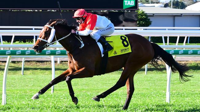 Champagne Aunty wins at Eagle Farm under jockey Larry Cassidy. Picture: Grant Peters–Trackside Photography