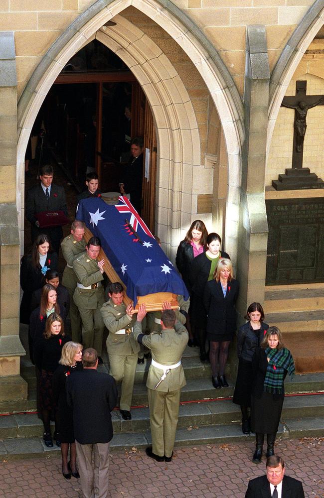 State funeral for the last WWI Anzac Alec Campbell. The flag on his coffin now hangs in Mr Brown’s office. Picture: Eddie Safarik