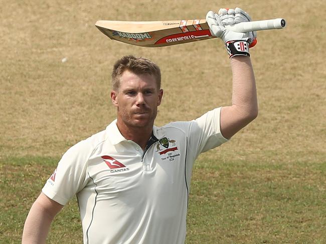 CHITTAGONG, BANGLADESH - SEPTEMBER 06:  David Warner of Australia celebrates after scoring his century during day three of the Second Test match between Bangladesh and Australia at Zahur Ahmed Chowdhury Stadium on September 6, 2017 in Chittagong, Bangladesh.  (Photo by Robert Cianflone/Getty Images)