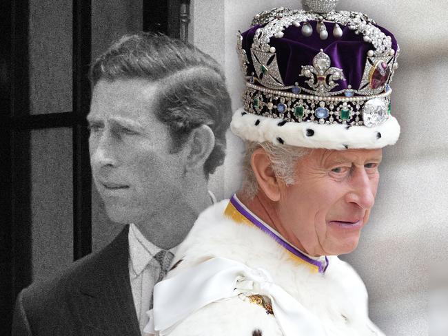 17 October 2024; Image is of Prince Charles portrait next to King Charles portrait. Sources: Dan Charity/Getty Images and Claude Coirault. Collage. Ratio 4:3. FOR PRINT.