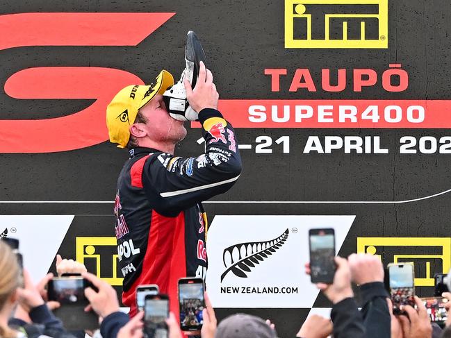 TAUPO, NEW ZEALAND - APRIL 21: Will Brown driver of the #87 Red Bull Racing Chevrolet Camaro ZL1 celebrates his race win following the ITM Taupo Super400, part of the 2024 Supercars Championship Series at Hidden Valley Raceway, on April 21, 2024 in Taupo, New Zealand. (Photo by Kerry Marshall/Getty Images) (Photo by Kerry Marshall/Getty Images)