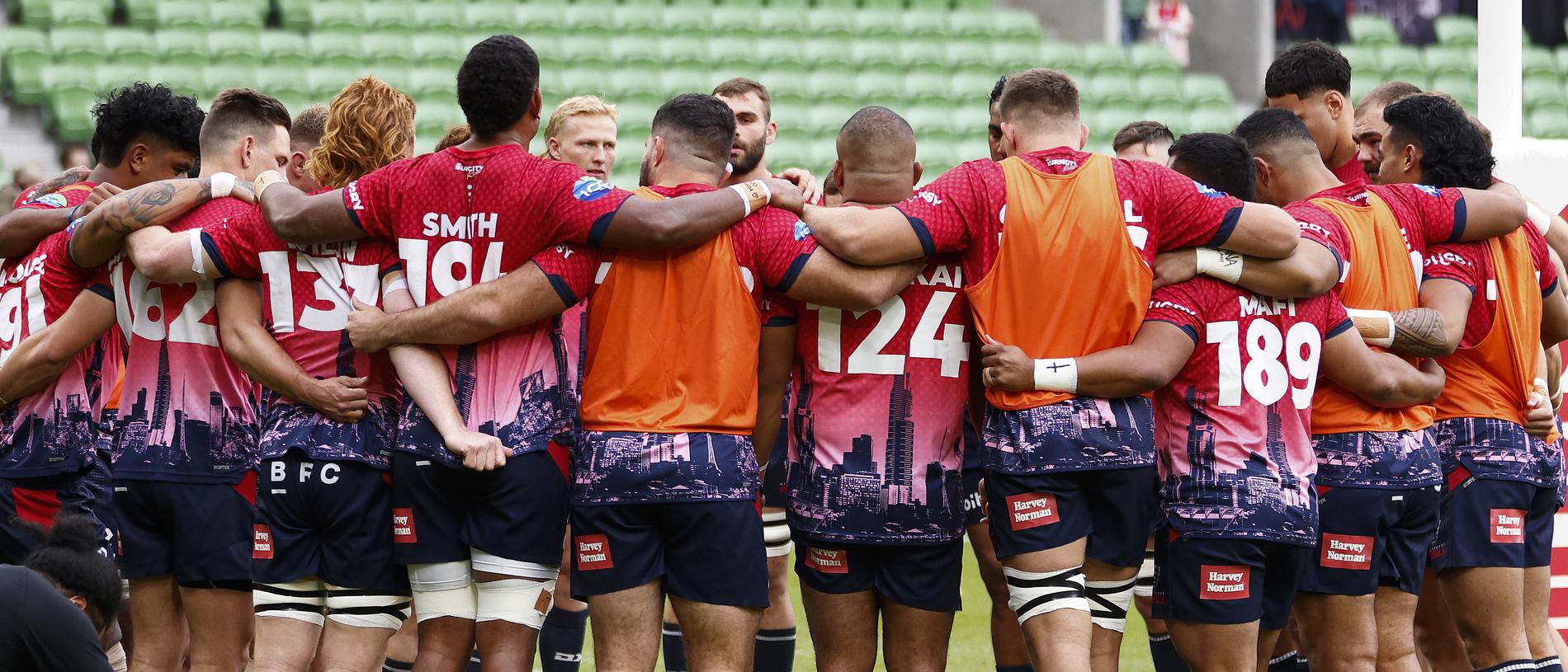 MELBOURNE, AUSTRALIA - MAY 07: The Rebels huddle before the round 11 Super Rugby Pacific match between Melbourne Rebels and ACT Brumbies at AAMI Park, on May 07, 2023, in Melbourne, Australia. (Photo by Daniel Pockett/Getty Images)