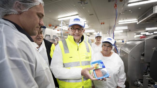 Brian Mitchell MP, Prime Minister Anthony Albanese and Senator Anne Urquhart tour the Tassal processing facility at Barretta. Picture: Chris Kidd