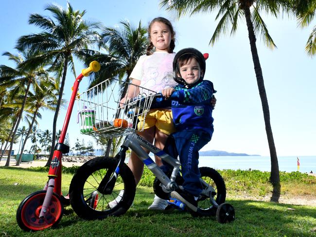 Stella-Ivy, 8, and Luca Oultram, 3, enjoy the Strand on a sunny day. Picture: Evan Morgan