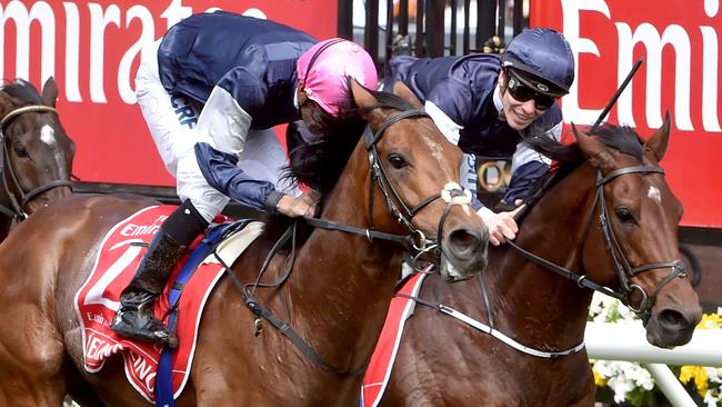 Johannes Vermeer’s jockey Ben Melham (right) felt the weights proved the difference in the end as Rekindling edged out the stayer in a thrilling finish. Picture: Jay Town