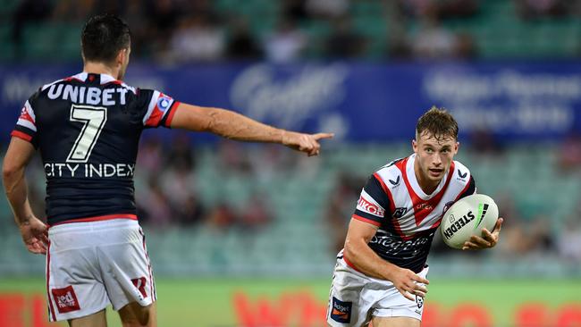 Go that way: Luke Keary directing Sam Walker during his early days in the NRL. Credit: NRL Images.