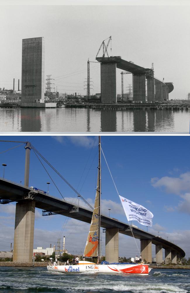 Building works on the West Gate Bridge in September 1970, and after completion. Pictures: State Library of Victoria, Herald Sun archive