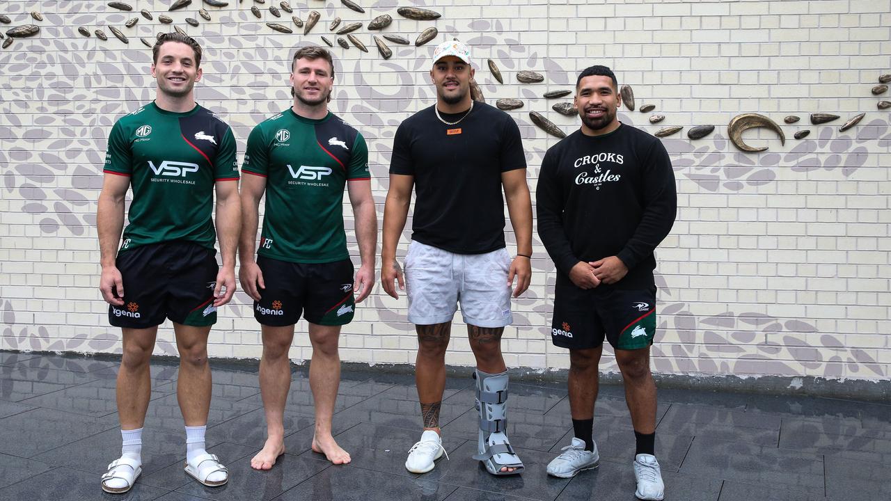 Keaon Koloamatangi (2R) pictured in a moon boot at South Sydney's new centre of excellence in Matraville in Sydney. Picture Newscorp Daily Telegraph / Gaye Gerard