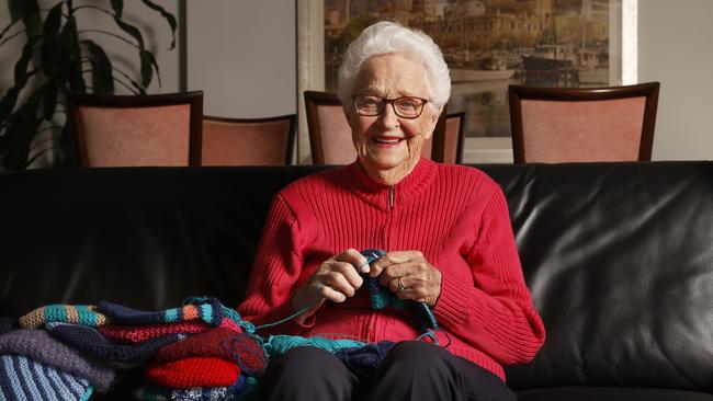 Beverley Goss 89 who continues to live independently at home has knitted hundreds of beanies for charity over the years choosing a different charity each winter to donate her knitted beanies to. This year she has chosen Tassie Mums. Picture: Nikki Davis-Jones