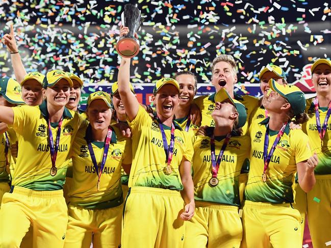 Australian captain Meg Lanning (centre) celebrates with teammates after winning the 2018 T20 World Cup. Picture: Getty Images