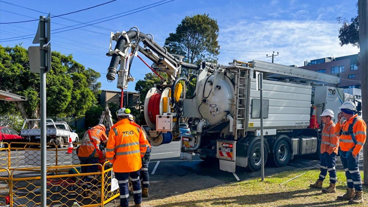 Crews use jetting to clear a Bellerine St blockage in the sewer deep underground in April.