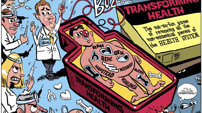 This indeed is Transforming Health. The problem is the direction of “transformation” is downwards. Cartoon: JOS VALDMAN