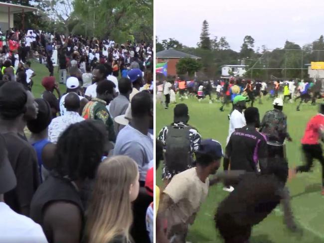 Watch: Chaotic scenes as cops in chopper evacuate footy finals