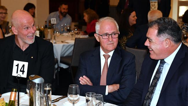 Australian Republic Movement chair Peter Fitzsimmons, former PM Malcolm Turnbull and Australian Rugby League coach Mal Meninga at the 20th anniversary of the republic referendum dinner at Old Parliament House in Canberra Picture: AAP