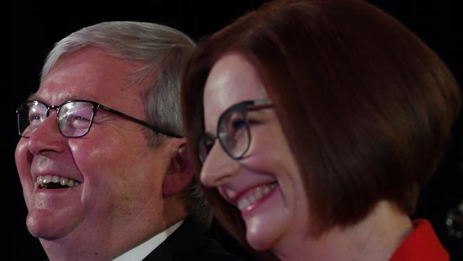 Former Australian prime ministers Kevin Rudd and Julia Gillard at the Labor Party’s 2019 campaign launch. Picture: AAP Image/Lukas Coch